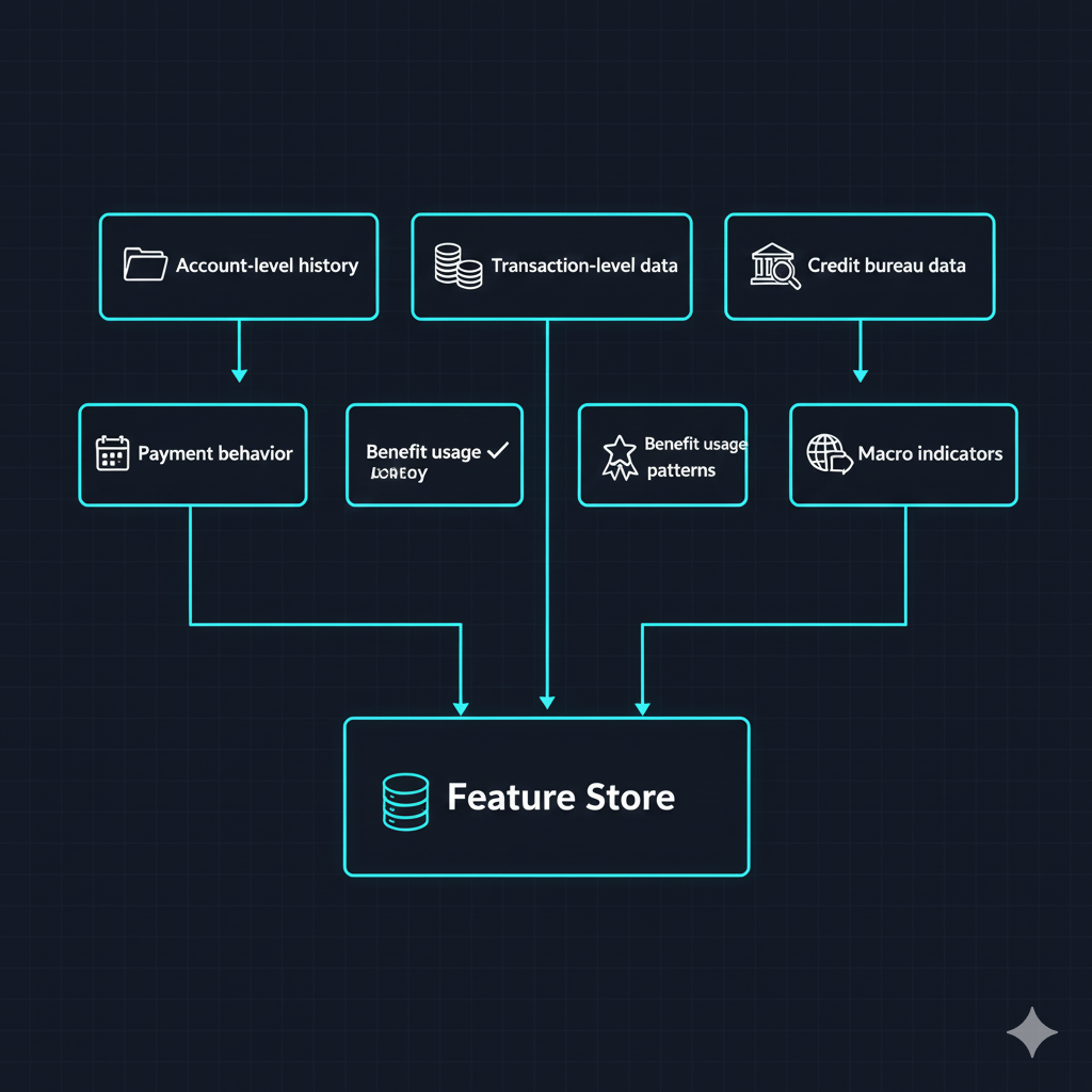 Data sources diagram placeholder – boxes for account, transactions, bureau, offers, benefits, macro feeding into feature store