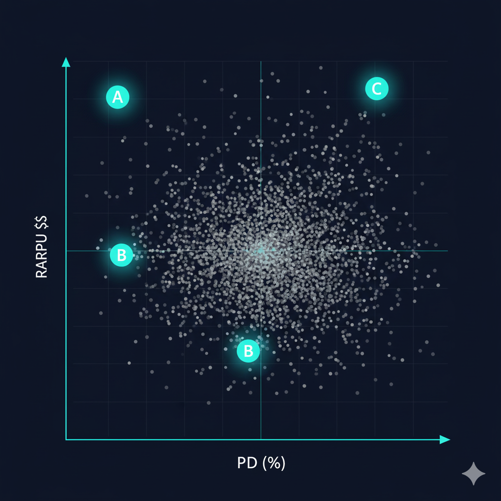 RARPU vs PD scatter plot placeholder – A, B, C plotted to show tradeoff