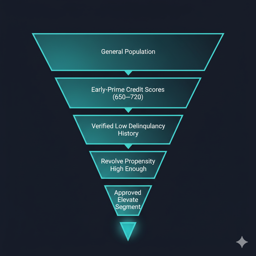 Targeting funnel graphic placeholder – general pool → filters → Elevate-eligible segment